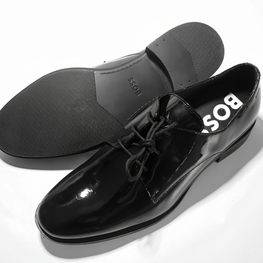 New HUGO BOSS Mens $180 Black Patent Leather Colby Derby Dress Shoes Size US 8.5